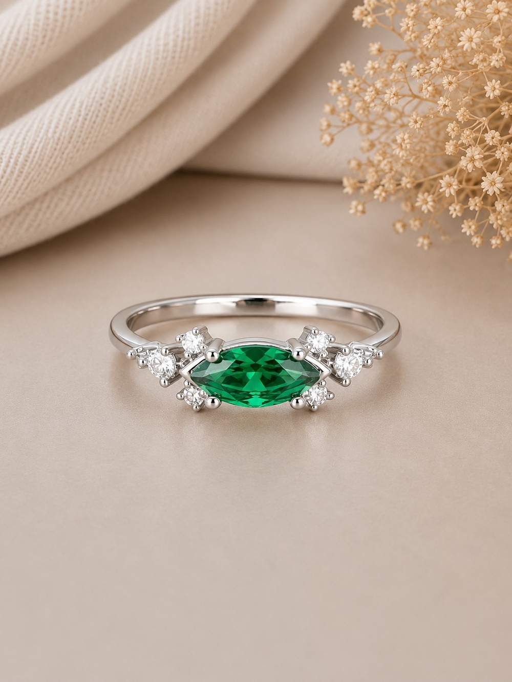 Emerald Green Marquise Halo Silver Ring